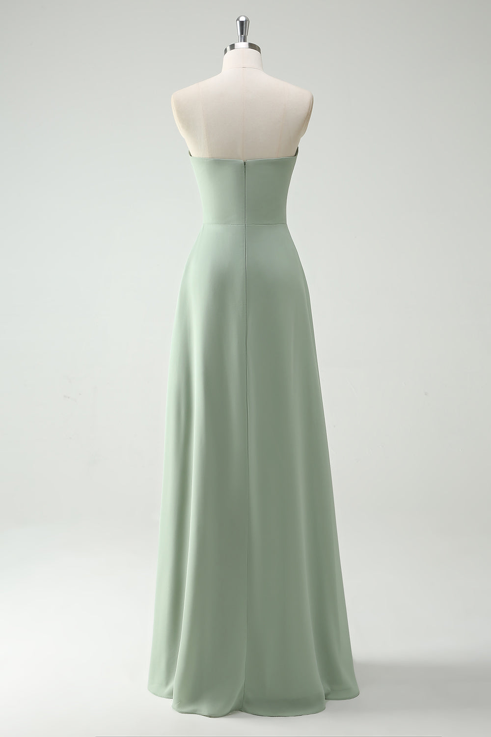 Robe longue bustier vert sauge, A-ligne avec fente et volants demoiselle d’honneur