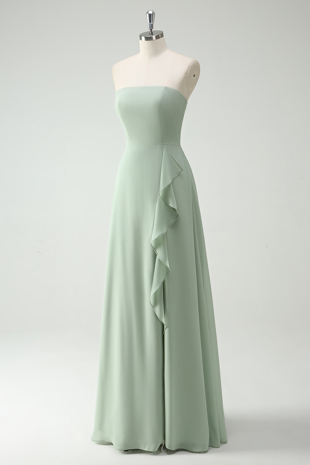 Robe longue bustier vert sauge, A-ligne avec fente et volants demoiselle d’honneur