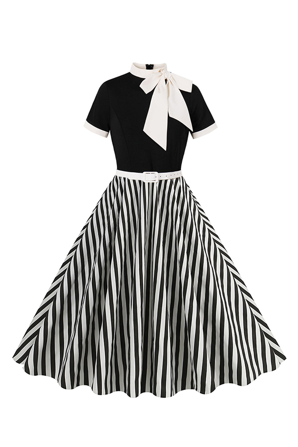 Robe trapèze noire à fines rayures, style années 1950, à manches courtes