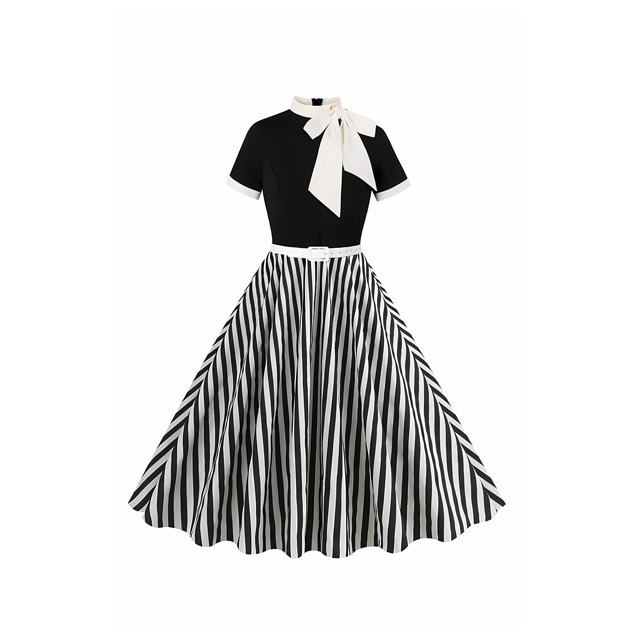 Robe trapèze noire à rayures fines, manches courtes – style années 50