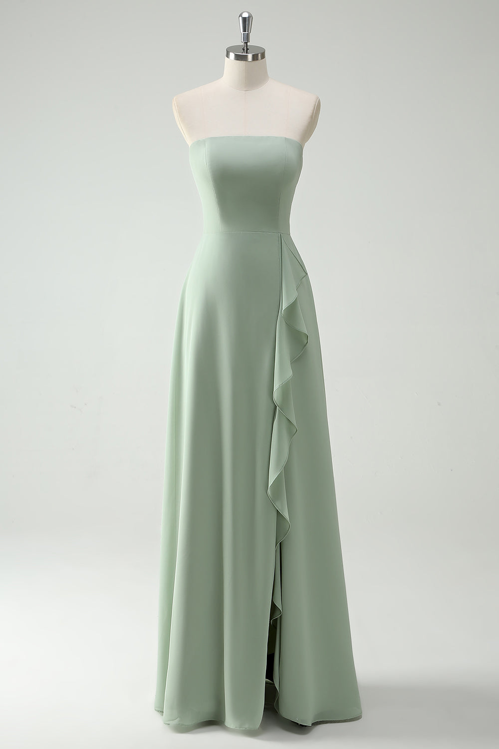Robe longue bustier vert sauge, A-ligne avec fente et volants demoiselle d’honneur