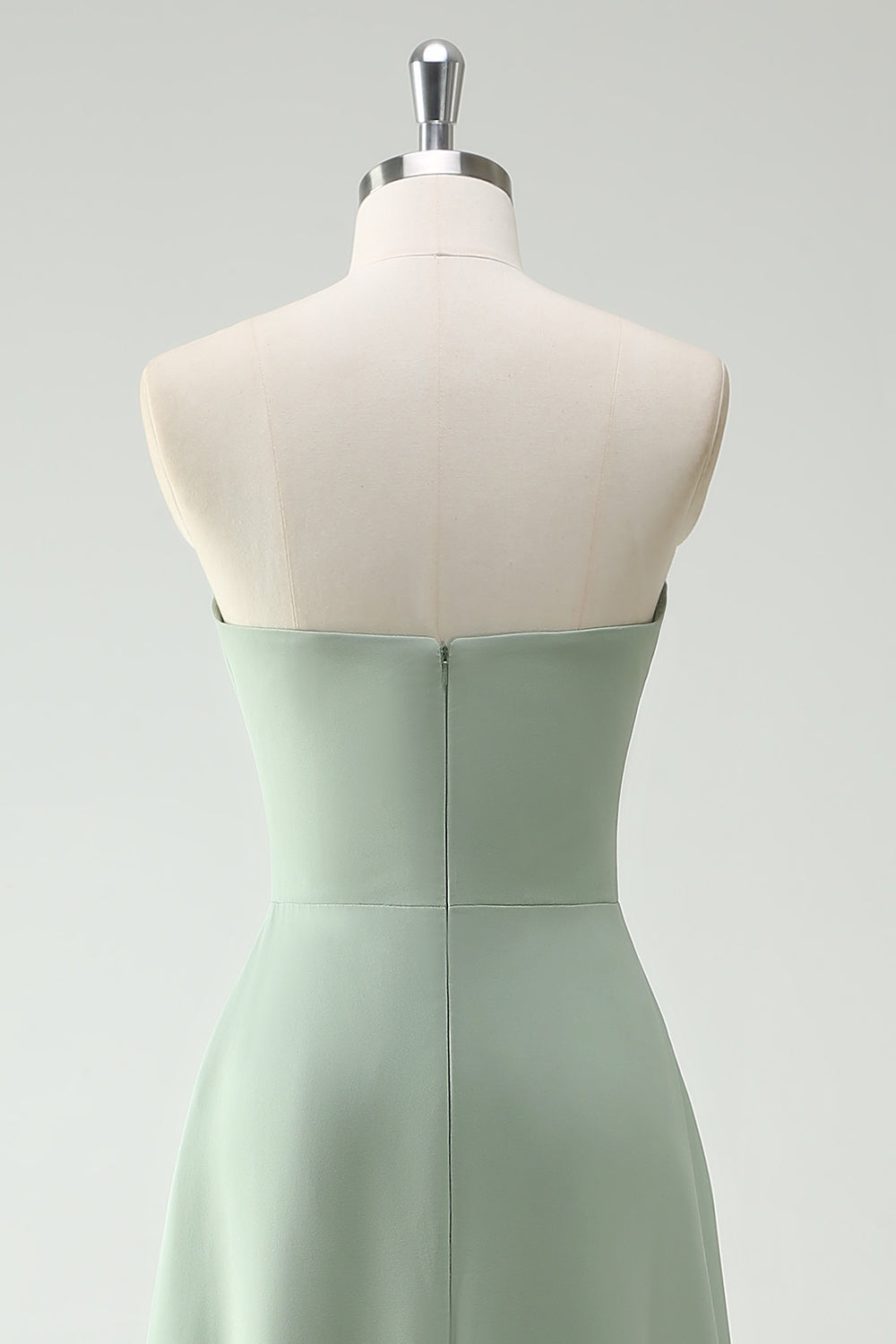Robe longue bustier vert sauge, A-ligne avec fente et volants demoiselle d’honneur